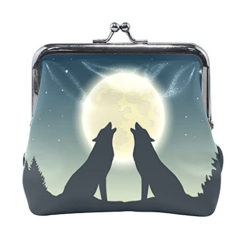 Multi 17 Zwei heulende Wölfe bei Vollmond Leder-Geldbörse, Kussschloss, Clutch-Beutel, Haspe, Karte, Schlüssel, Wechselgeldbörse, Schnalle, kleine Handtasche für Damen, Mädchen, Damen von IUBBKI