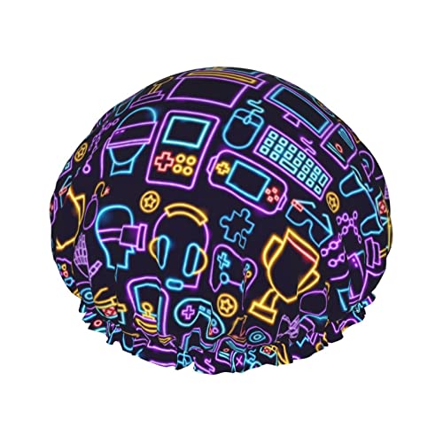 Neon Games Pattern Cartoon Duck Duschhaube, 1er-Set, große Öffnung, Stretch-Badekappe mit elastischem Seil, wasserdicht, doppellagig, Badehut, wiederverwendbar, Bade-Haarhaube für Damen, Herren und Ki von IUBBKI