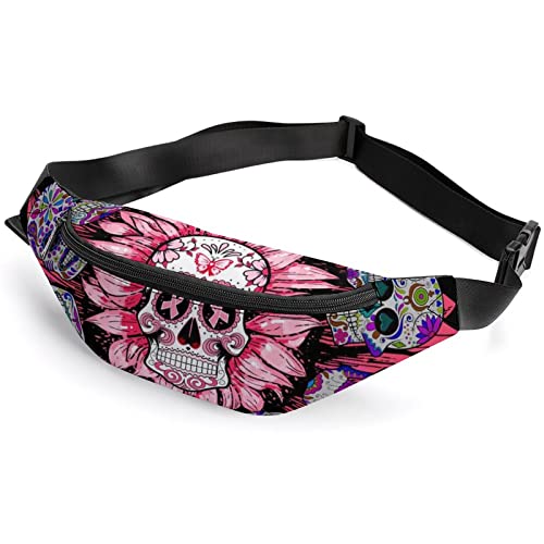 Pink Ribbon Sugar Skull Multicolor Rainbow Weed Leaves Fanny Pack, Adult Kids Sport Waist Bag for Men Women von IUBBKI