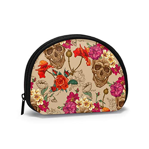 Retro-Schädelkopf mit Rosen-Eisbären-Familie, Geldbörse, Geldbörse, Wechseltasche, flippiger Schlüsselhalter, Reißverschluss, kleine Kosmetik-Make-up-Taschen von IUBBKI