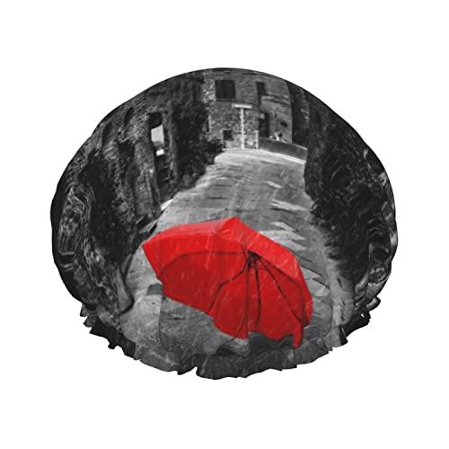 Roter Regenschirm auf dunkler schmaler Straße, bedruckte Duschhaube, Satin-Mütze, Haarkappe, wasserdichte Badekappen, elastisches Band, Stretch-Saum, Duschhaube, wiederverwendbar von IUBBKI