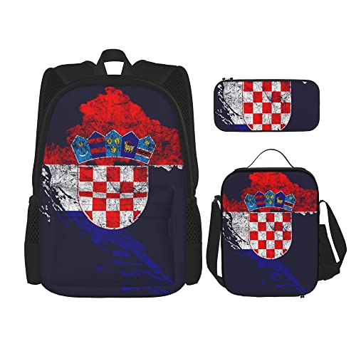 Rucksack-Sets, 3-teilig, Schultasche, Jungen, Teenager (Kroatien-Flagge und Karte, kroatischer Stolz), Büchertasche + Lunchpaket + Federmäppchen, süßer Rucksack, College, Arbeit, Fitnessstudio, Wand von IUBBKI