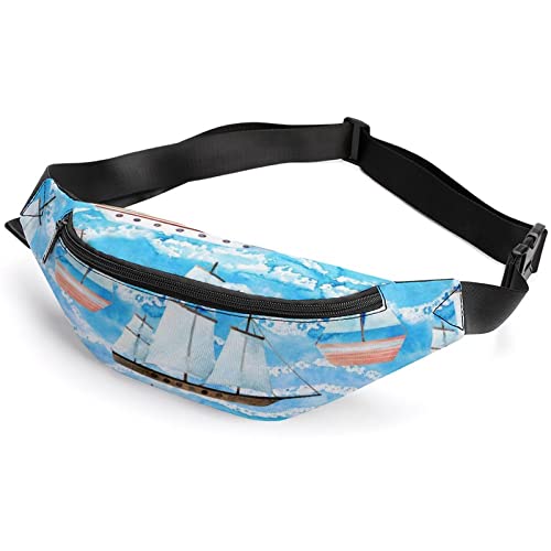 Sailing Ships Blue Waved Aquarell Vintage Fenster- und Tür-Fanny-Pack, Sport-Gürteltasche für Erwachsene, Kinder, für Männer und Frauen von IUBBKI