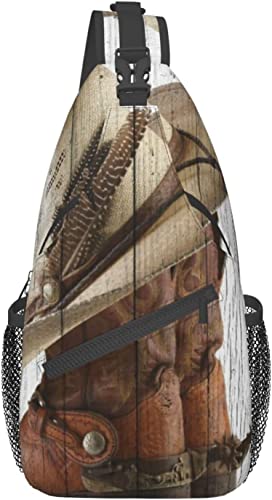 Stilvolle Brusttasche, Western-Cowboy-Stiefel, rustikales Holz, Scheunentor, Crossbody-Schulterrucksack, verstellbare Brusttasche, leichter, lässiger Tagesrucksack für Männer, Frauen, Outdoor-Sportart von IUBBKI