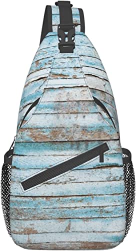 Stilvolle Brusttasche, verwitterte Holzplanke, Grunge-Peeling, hellblau lackierte Holzplatten, Crossbody-Schulterrucksack, verstellbare Brusttasche, leichter, lässiger Tagesrucksack für Männer und Fra von IUBBKI