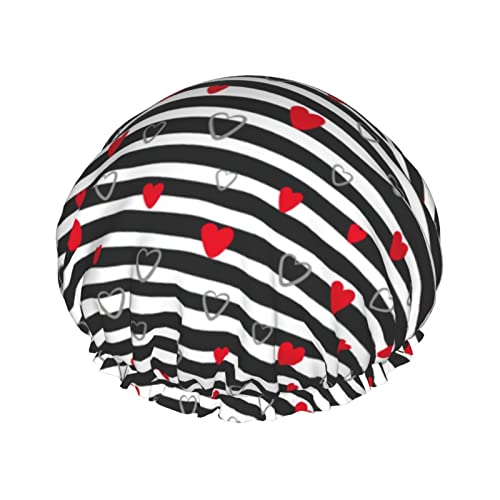 Stripe Love & Hearts Music Theme Duschhaube, 1er-Set, große Öffnung, Stretch-Badekappe mit elastischem Seil, wasserdicht, doppellagig, wiederverwendbar, Bade-Haarhaube für Damen, Herren und Kinder, do von IUBBKI