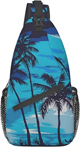 Stylische Brusttasche mit Küsten- und Palmen-Sonnenuntergangsmuster, Digitaldruck, Crossbody-Schulterrucksack, verstellbare Brusttasche, leicht, lässig, Tagesrucksack für Männer, Frauen, Outdoor-Sport von IUBBKI