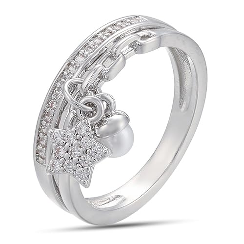 IUDWCG - 1 Pcs Damenring, Kristall Perle Stern Ring, Öffnung verstellbar offener Ring Anti-Allergie-Kupfer, ein Geschenk für ein charmantes Mädchen oder Mutter, Silber von IUDWCG