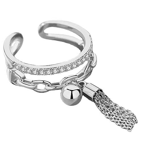 IUDWCG - 1 Pcs Damenring, doppelte Garn Ball Quaste Kristallring, Öffnung verstellbar offener Ring Anti-Allergie-Kupfer, ein Geschenk für ein charmantes Mädchen oder Mutter, Silber von IUDWCG