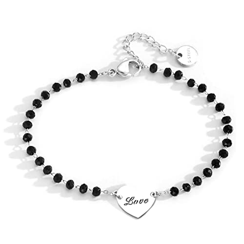 IUDWCG 1 Pcs Durchbrochenes Herz Herz Charms Armband Edelstahl schwarz Perlen einfaches Glücksbringer-Armband von IUDWCG