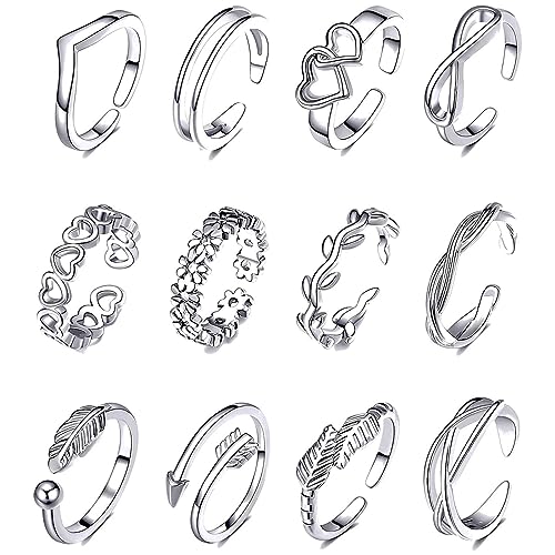 IUDWCG - 12 Pcs Edelstahl-Legierung Knöchel Ring Damen hypoallergen einstellbar Ring offenen Zehen Schwanz Blume Ring Finger Set Schmuck Fuß Ring von IUDWCG