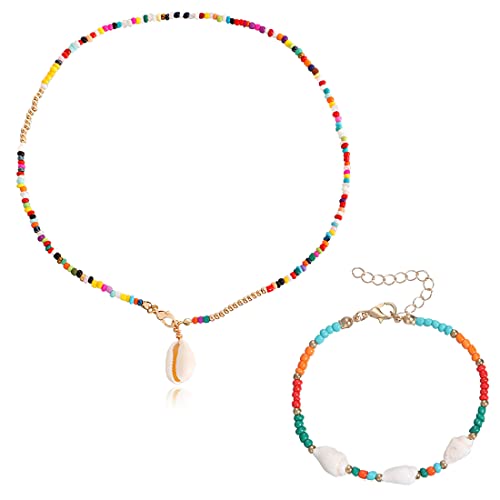IUDWCG 2 Pcs Bohemian Muschel Halsketten und Armbänder, Damen Perlenketten bunte Perlenketten Sommer Strand geschichtet ethnischen Halsketten Schmuck für Frauen und Mädchen von IUDWCG