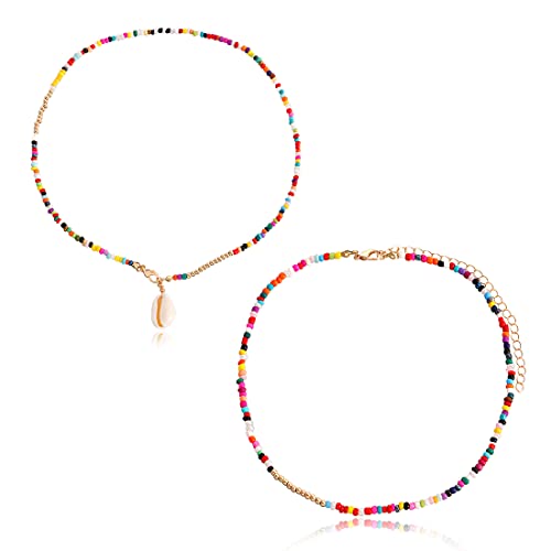 IUDWCG 2 Pcs Bohemian Shell Necklace Women's Gold Beaded Necklace Colourful Pearl Necklace Summer Bohemian Necklace Beach Layered Ethnic Necklace Jewellery Women and Girls von IUDWCG