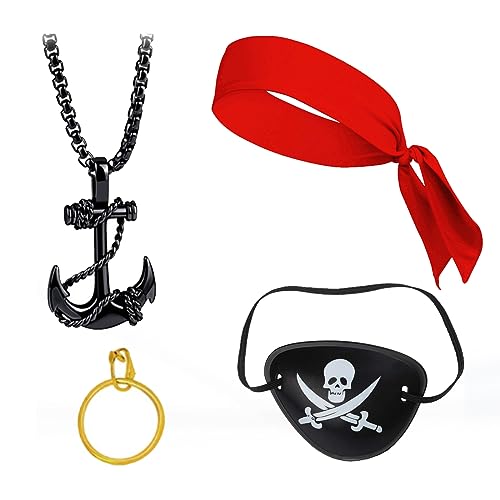 IUDWCG - 4 Pcs Vintage Piratenkostüm Zubehör, Halloween Zubehör, Piratenkapitän Verkleidungsset, Ohrringe, Piraten Augenklappe, Piratenhalstuch, Piratenkette, perfekt für Piratenpartys,Karneval von IUDWCG