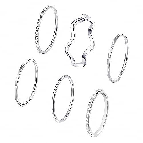 IUDWCG - 6 Pcs Edelstahl stapelbarer Ring, verstellbarer Damenring mittlerer Länge, CZ einfacher Twist Ring, Komfort Größe, Silber von IUDWCG