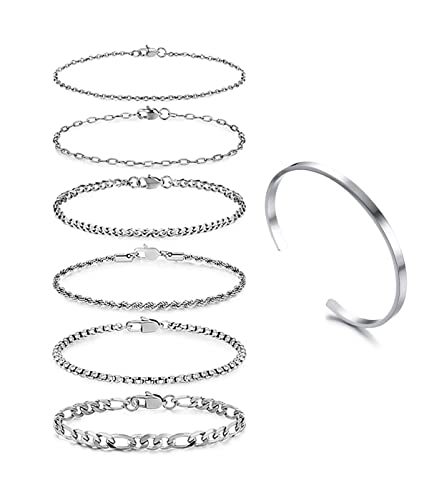 IUDWCG 7 Pcs Ketten Armbänder für Damen 14 Karat Silber Armkette Damen Twist Kettenarmbänder Verstellbar Modeschmuck Armbander Set Silber Armbänder von IUDWCG