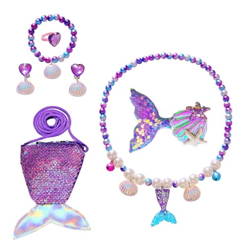 IUDWCG 7 Stück Meerjungfrau Kinder-Schmuck-Set, Schmuck-Box, Tasche, Halskette, Ohrringe, Armband, Ringe - Geschenke für Mädchen 3+ Jahre Alt von IUDWCG