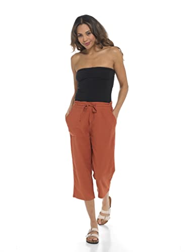 IUEG LIMITED Damen Damen Leinenhose 3-4 Länge mit Gummizug in der Taille, bequeme Caprihose, modern, normal, in Schwarz, Weiß, Khaki, Marineblau, Orange, 38 Kurz von IUEG LIMITED