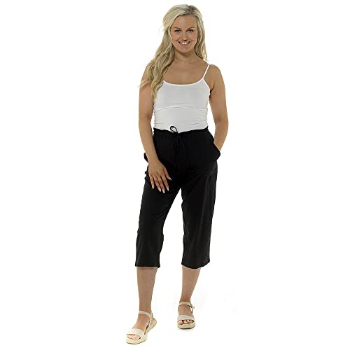 IUEG LIMITED Damen Frauen 3-4 Länge Leinen Hose mit Gummizug Taille Comfy Capri Modern Regular in Schwarz Weiß Khaki Navy, Schwarz , 48 Kurz von IUEG LIMITED