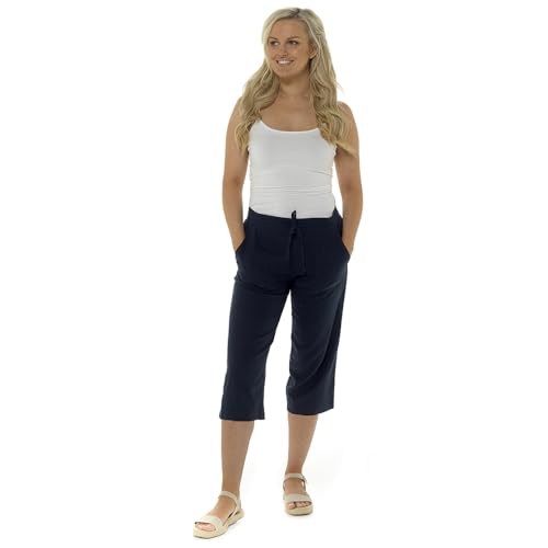 IUEG LIMITED Damen Frauen 3-4 Länge Leinen Hose mit Gummizug Taille Comfy Capri Modern Regular in Schwarz Weiß Khaki Navy, blau, 42 von IUEG LIMITED