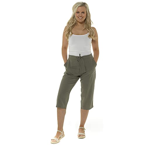 IUEG LIMITED Damen Leinenhose mit elastischem Bund, bequem, Capri, modern, regulär, Schwarz / Weiß / Khaki / Marineblau, khaki, 36 von IUEG LIMITED