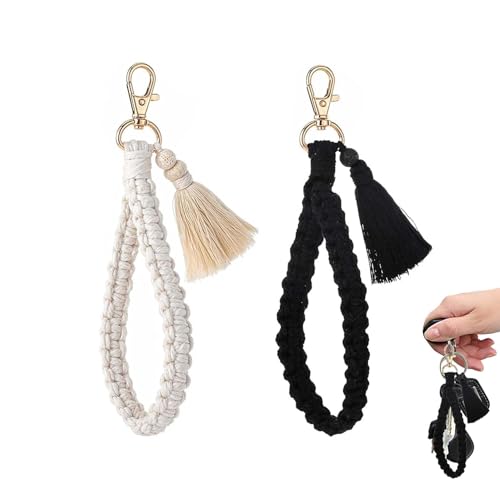 2 Stück Makramee SchlüsselanhäNger Im Boho Stil,Frauen Geflochten Handgefertigt Armband SchlüSselring Quaste für Damen Seil SchlüSselband Kurz,Geflochtene,Keychain,AutoschlüSselanhäNger Schwarz von IUHRIE