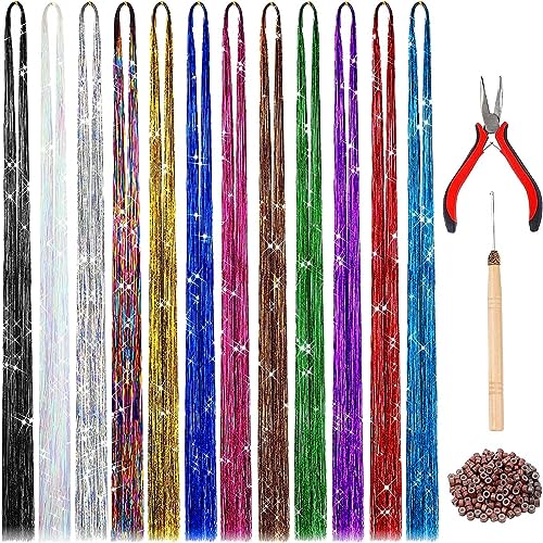 123CM Haarverlängerung Purl mit Werkzeug 12 Farben Haarverlängerung Purl Kit Glitzer Haarverlängerungen für Frauen Mädchen Haarschmuck Echthaarperücken Kurz (Red, One Size) von IUNSER