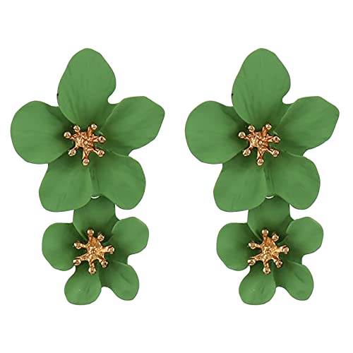 Elegante große Metall-Doppelt-Glanz-Matt-Blumen-Ohrringe, schickes Statement, baumelnde Tropfen, Blumen, Hochzeit, Ohrringe für Frauen, Mädchen, Teenager, Jubiläum, Freundschaft, (Green, One Size) von IUNSER