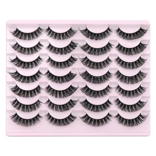 Falsche Wimpern, Streifenwimpern, flauschige künstliche Wimpern, Verlängerung, D-Locken, Wispy, handgefertigt, weich, wiederverwendbar, 14 Paar Wimpernpackung Eyeliner Pinsel (Pink, One Size) von IUNSER