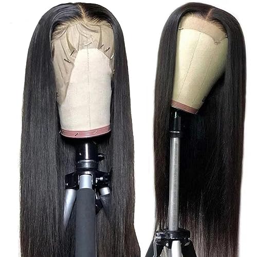 Lange Gerade Glatt Perücke Schwarz Natürliche Mittelteil Spitze Perücken für Frauen Synthetische Lace front Wig für Tägliches oder Halloween Kostüm Cosplay Perücken Schwarze (black, 24in) von IUNSER