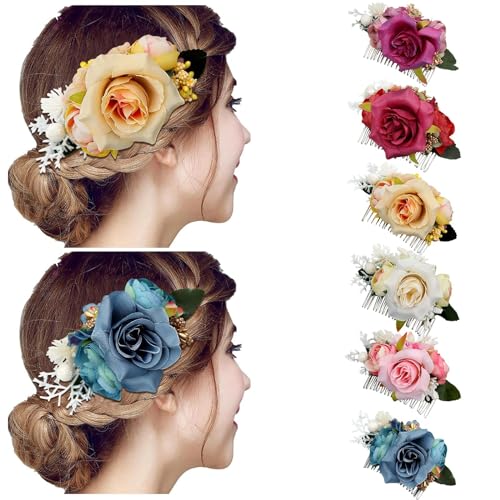 künstliche Blumen Metall Haar Seitenkämme Slides Clips Floral Hochzeit Braut Kopfschmuck Haarnadeln Haarspangen Dutt Chignon Haarschmuck für Frauen Blumenmädchen Bräute Brautjungfern (Blue, One Size) von IUNSER