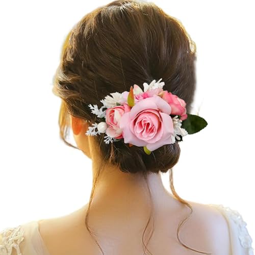 künstliche Blumen Metall Haar Seitenkämme Slides Clips Floral Hochzeit Braut Kopfschmuck Haarnadeln Haarspangen Dutt Chignon Haarschmuck für Frauen Blumenmädchen Bräute Brautjungfern (Pink, One Size) von IUNSER