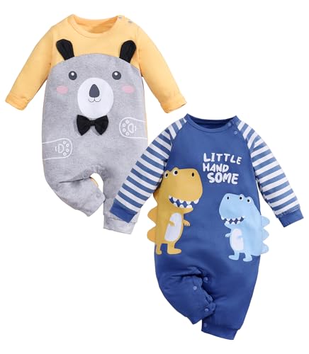 IURNXB 2- Pack Nacido Baby Kinder Dinosaurier Oso Impresión Mameluco Traje De Manga Larga Mono De Verano Onesie (azul+naranja,12-18 Monate) von IURNXB