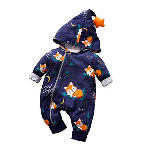 IURNXB Neugeborener Reißverschluss Strumpfhose mit Kapuzen Jumpsuit Print Stilvolle Babykleidung Fox Design (Blau, 6-9 Monate) von IURNXB