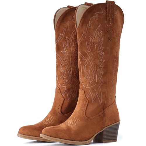 IUV Cowboystiefel aus Wildleder für Damen, Westernstiefel mit spitzer Zehenpartie, wadenhoch, Schlupfstiefel, Braun, 35.5 EU Weit IUV Cowboystiefel aus Wildleder für Damen, Westernstiefel mit spitzer Zehenpartie, wadenhoch, Schlupfstiefel, Braun, 35.5 EU Weit von IUV