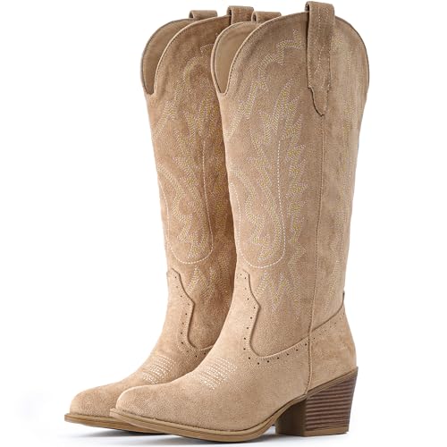 IUV Cowboystiefel aus Wildleder für Damen, Westernstiefel mit spitzer Zehenpartie, wadenhoch, Schlupfstiefel, aprikose, 39.5 EU Weit IUV Cowboystiefel aus Wildleder für Damen, Westernstiefel mit spitzer Zehenpartie, wadenhoch, Schlupfstiefel, aprikose, 39.5 EU Weit von IUV
