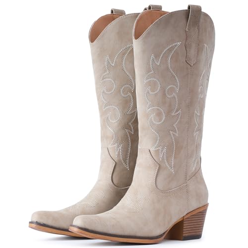 IUV Cowboystiefel für Damen, Western-Cowgirl-Stiefel mit klobigem Absatz, mittlere Wadenpartie, ideal für niedrige Spann, Beige, 37 EU IUV Cowboystiefel für Damen, Western-Cowgirl-Stiefel mit klobigem Absatz, mittlere Wadenpartie, ideal für niedrige Spann, Beige, 37 EU von IUV