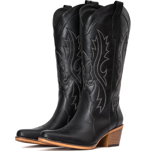 IUV Cowboystiefel für Damen, Western-Cowgirl-Stiefel mit klobigem Absatz, mittlere Wadenpartie, ideal für niedrige Spann, Schwarz, 36 EU Weit IUV Cowboystiefel für Damen, Western-Cowgirl-Stiefel mit klobigem Absatz, mittlere Wadenpartie, ideal für niedrige Spann, Schwarz, 36 EU Weit von IUV