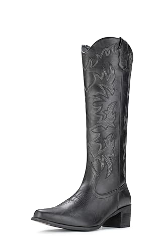 IUV Cowboystiefel für Damen, kniehoch, Western-Cowgirl-Stiefel, Seitlicher Reißverschluss, klobiger Absatz, Schwarz, 35 EU Weit IUV Cowboystiefel für Damen, kniehoch, Western-Cowgirl-Stiefel, Seitlicher Reißverschluss, klobiger Absatz, Schwarz, 35 EU Weit von IUV