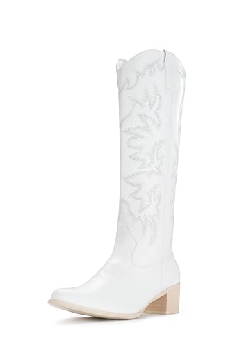 IUV Cowboystiefel für Damen, kniehoch, Western-Cowgirl-Stiefel, Seitlicher Reißverschluss, klobiger Absatz, Weiss/opulenter Garten, 40 EU Weit IUV Cowboystiefel für Damen, kniehoch, Western-Cowgirl-Stiefel, Seitlicher Reißverschluss, klobiger Absatz, Weiss/opulenter Garten, 40 EU Weit von IUV