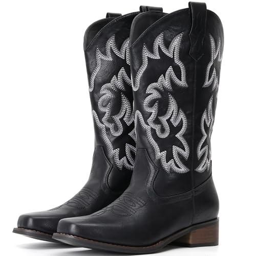 IUV Cowboystiefel für Damen, quadratischer Zehenbereich, Cowgirl-Stiefel, mittelhoch, Westernstiefel, zum Überziehen, modische Cowboystiefel, Schwarz, 42.5 EU Weit IUV Cowboystiefel für Damen, quadratischer Zehenbereich, Cowgirl-Stiefel, mittelhoch, Westernstiefel, zum Überziehen, modische Cowboystiefel, Schwarz, 42.5 EU Weit von IUV