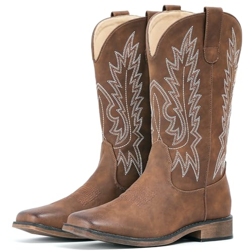 IUV Cowboystiefel für Damen, quadratischer Zehenbereich, Westernstiefel, wadenhoch, Cowgirl-Stiefel, zum Überziehen, bestickt, Braun, Braun, 43 EU IUV Cowboystiefel für Damen, quadratischer Zehenbereich, Westernstiefel, wadenhoch, Cowgirl-Stiefel, zum Überziehen, bestickt, Braun, Braun, 43 EU von IUV