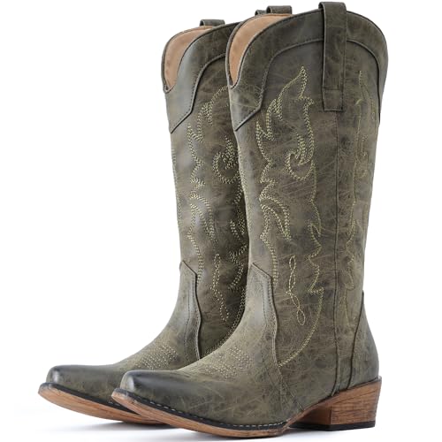 IUV Cowboystiefel für Damen, wadenhoch, modische Cowgirl-Stiefel mit Stickerei, Western-Zehenpartie, Olivgrün, 42.5 EU IUV Cowboystiefel für Damen, wadenhoch, modische Cowgirl-Stiefel mit Stickerei, Western-Zehenpartie, Olivgrün, 42.5 EU von IUV