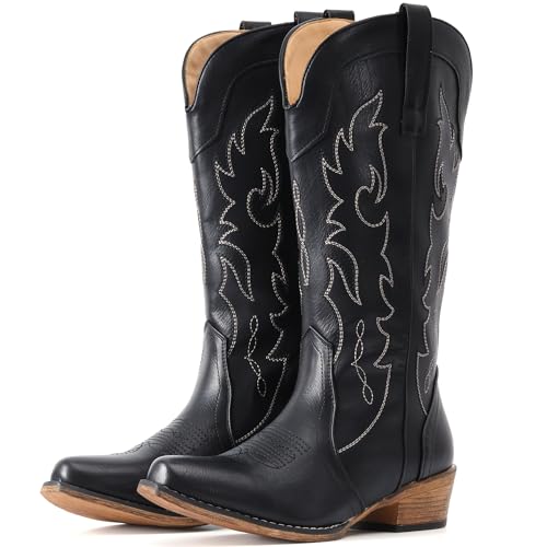 IUV Cowboystiefel für Damen, wadenhoch, modische Cowgirl-Stiefel mit Stickerei, Western-Zehenpartie, Schwarz, 41 EU Weit von IUV