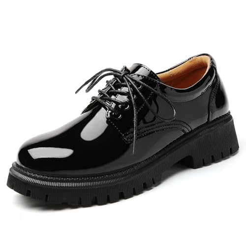 IUY Oxford-Schuhe für Damen, schwarz, Oxford-Lackleder, Plateau-Damen-Oxfords, bequem, elegant, zum Reinschlüpfen, Schnürung, klobig, lässig, Arbeit, Business, Kleid, Büro, glänzende Oxford-Schuhe von IUY