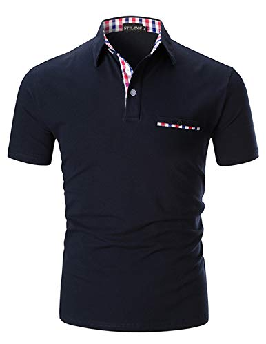 AIOIDI Poloshirt Herren Kurzarm Basic T-Shirt Freizeit Plaid spleißen Polohemd Blau-Fake Pocket L von AIOIDI