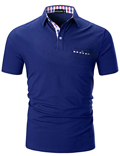 AIOIDI Poloshirt Herren Kurzarm Basic T-Shirt Freizeit Plaid spleißen Polohemd Blau2-Fake Pocket L von AIOIDI