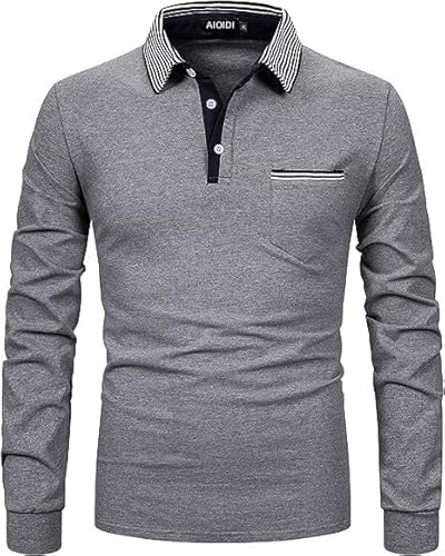 AIOIDI Herren Baumwolle Langarm Poloshirt Tennis Basic Golf Polo Shirt B-Grau 3XL von AIOIDI