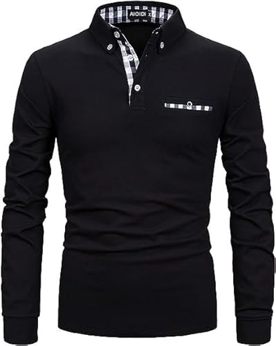 AIOIDI Herren Baumwolle Langarm Poloshirt Tennis Basic Golf Polo Shirt A-Schwarz S von AIOIDI