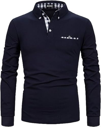 AIOIDI Herren Baumwolle Langarm Poloshirt Tennis Basic Golf Polo Shirt A-Blau 3XL von AIOIDI